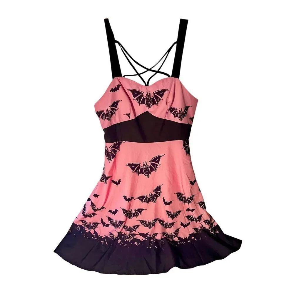 Halloween Bat Print Criss Cross High Waisted Cami Dress Size XL/10